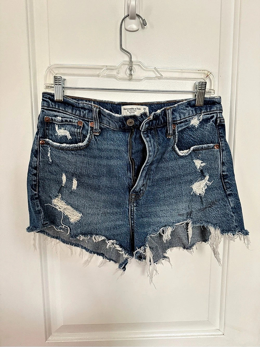 Abercrombie & Fitch The Mom Short High Rise Distressed Jean Shorts Blue Waist 28